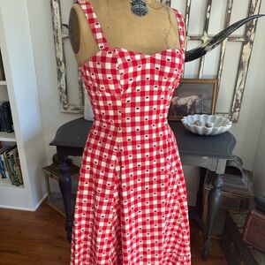 Avec Les Filles Red and White Gingham Cherry Midi Dress Size 6